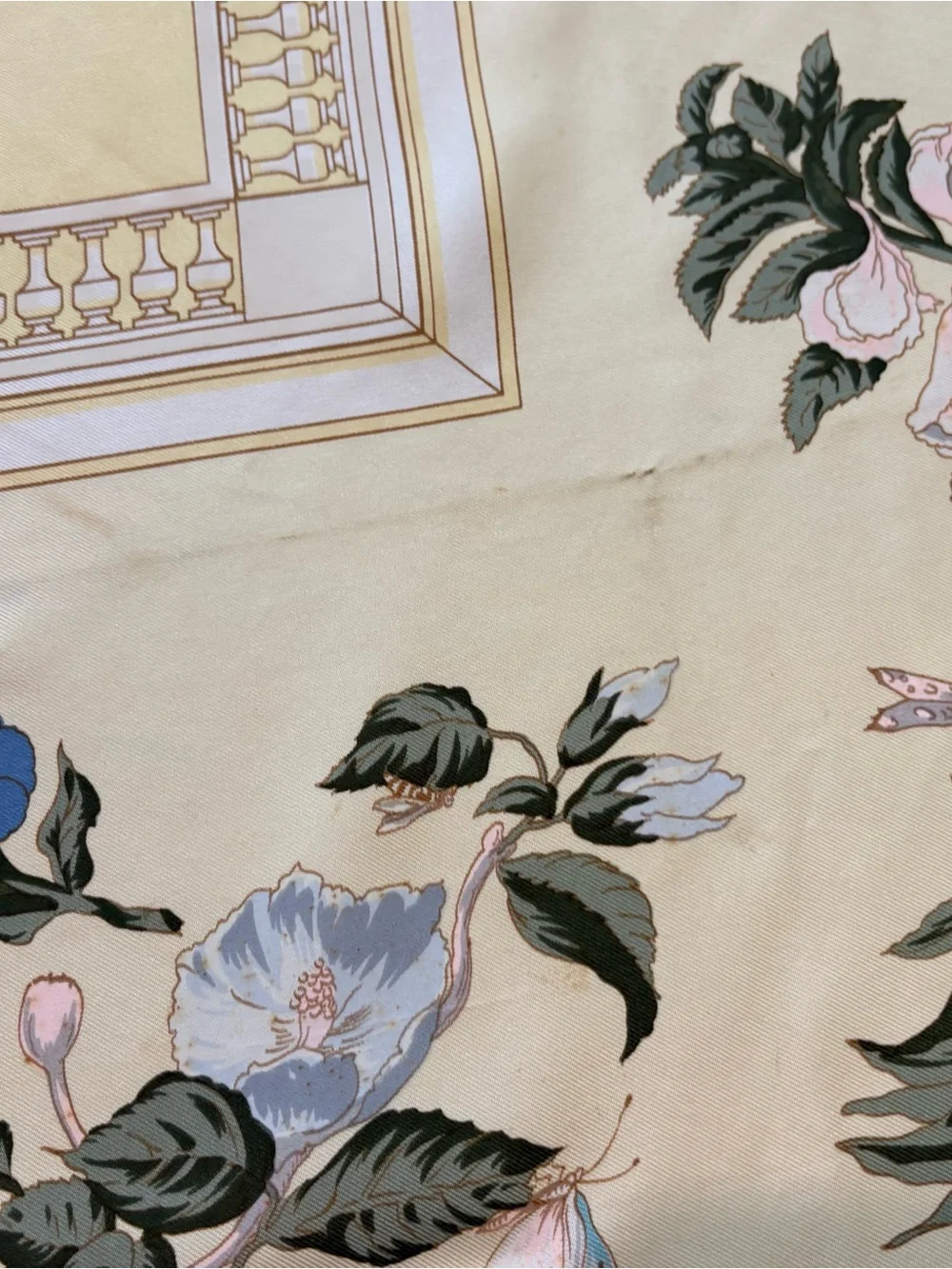 Authentic Hermes Yellow Floral Silk Scarf with Blue and Pink Accents